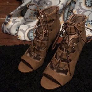 Aldo tan open toe booties